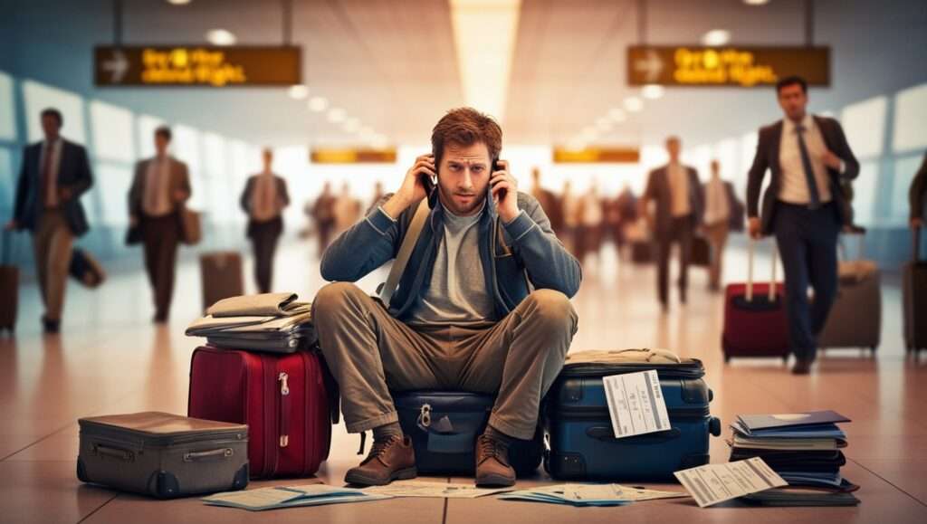 A traveler making a call in an airport after a flight delay