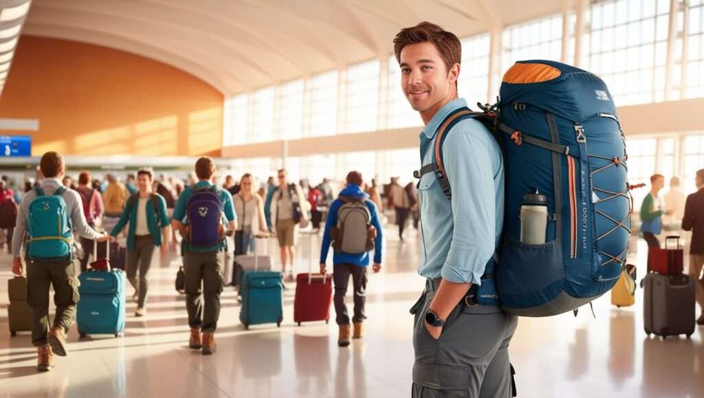 A traveler wearing a lightweight backpack at the airport