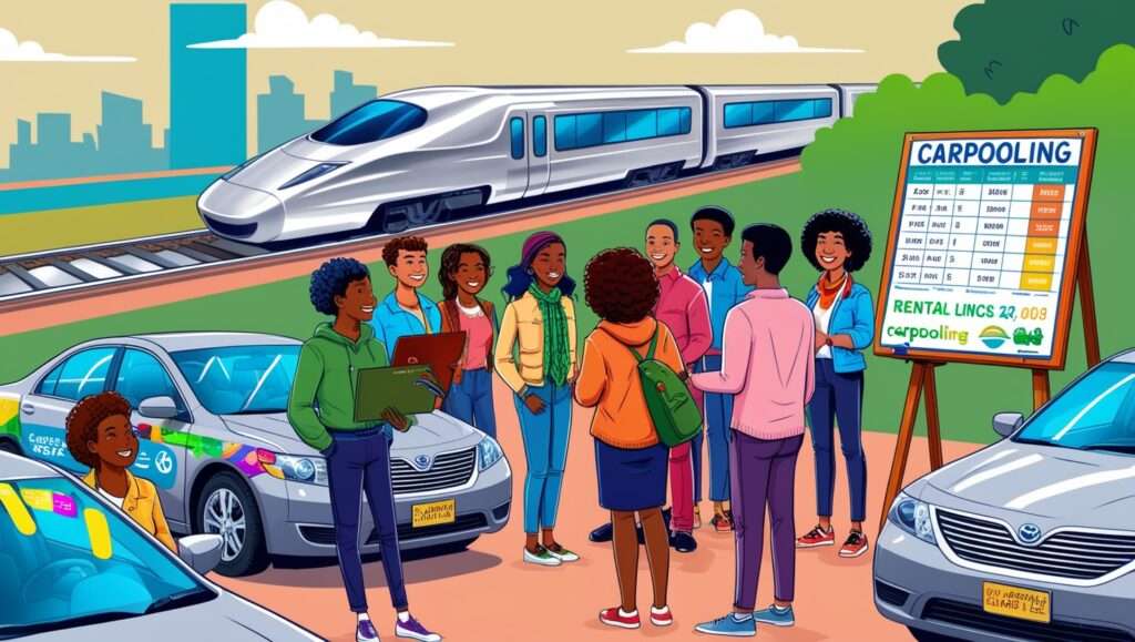 A vibrant illustration showcasing alternative transportation methods in a bustling cityscape, featuring a sleek, silver train zooming by in the background, while in the foreground, a group of diverse individuals with varying skin tones and hairstyles gather around a noticeboard displaying carpooling schedules and routes, with a few rental cars parked nearby, each with a unique license plate and colorful decals, set against a warm, sunny day with a few fluffy white clouds and a subtle gradient of blues and greens, capturing the essence of eco-friendly travel and community collaboration.