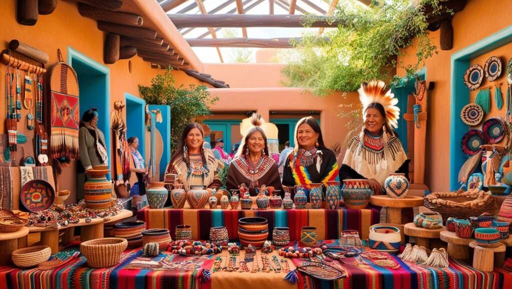 A vibrant display of traditional Native American art and crafts in a Santa Fe gallery or market, featuring colorful woven textiles, intricate pottery, turquoise jewelry, and handmade artifacts, all arranged in a warm, adobe-style setting characteristic of New Mexico's cultural heritage.