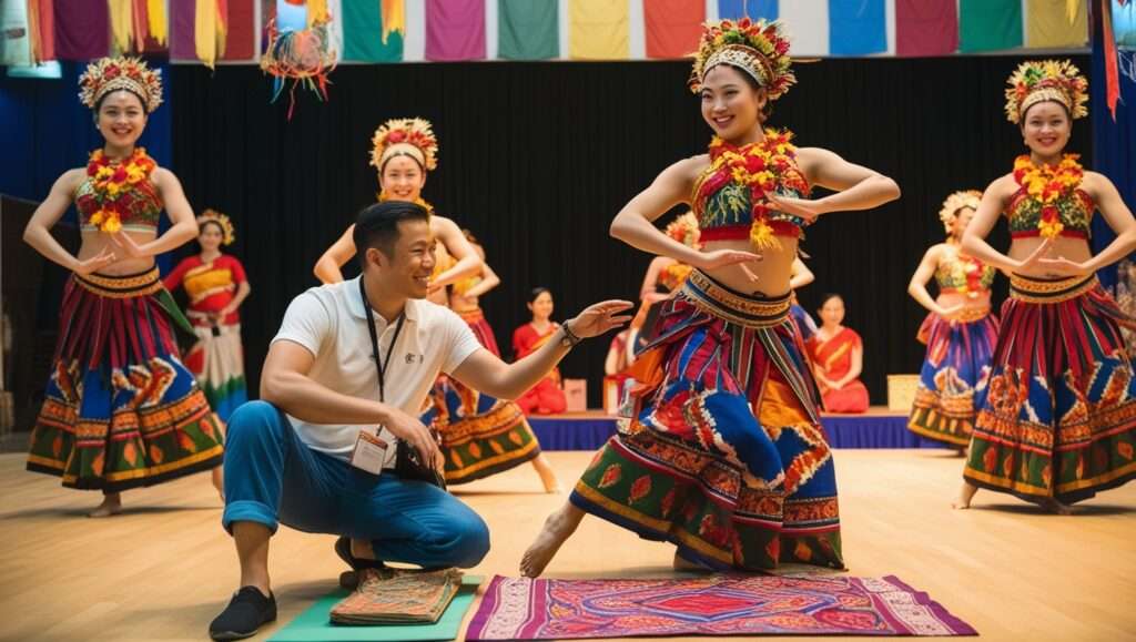 A cultural dance performance or festival celebration, showcasing the richness of free or low-cost cultural events. A tourist participating in a batik workshop to suggest affordable cultural immersion.