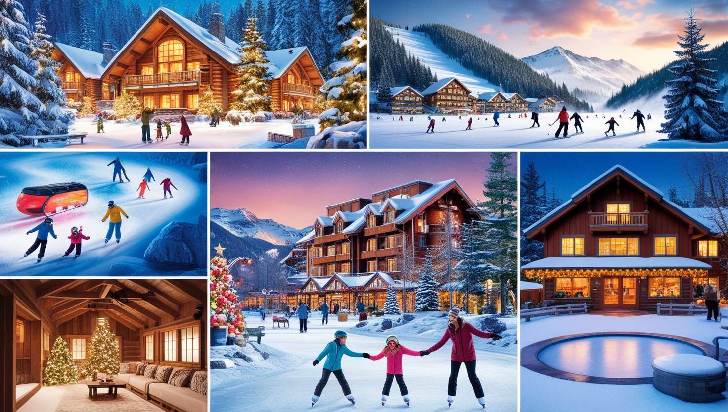 Scenic winter vacation spots in the USA featuring snowy mountain resorts, cozy cabins, a frozen lake with ice skaters, twinkling holiday lights in a charming downtown, skiers on vibrant slopes, and a serene hot spring surrounded by snow.