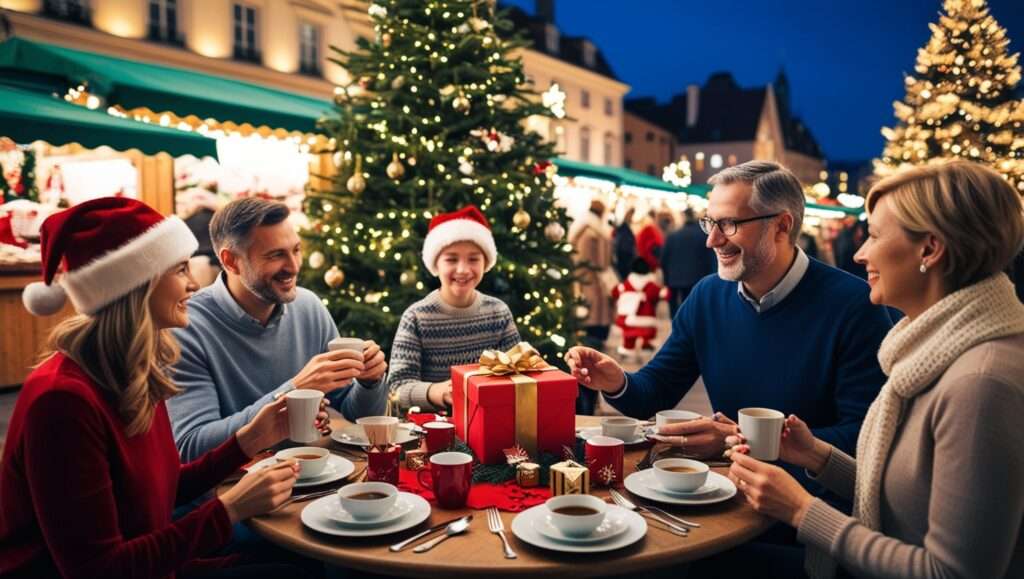 Celebrating with Family A family gathering for Christmas dinner, exchanging gifts by the Christmas tree. Candid moments of siblings or parents chatting over coffee. Exploring Local Holiday Events A Christmas market scene with glowing lights and stalls selling festive items. A tree lighting ceremony or a city square with holiday decorations.