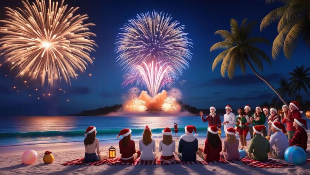 Fireworks on Christmas Eve
Christmas Fireworks on the Beach
A stunning image of fireworks lighting up the night sky above a beach during Christmas Eve celebrations.