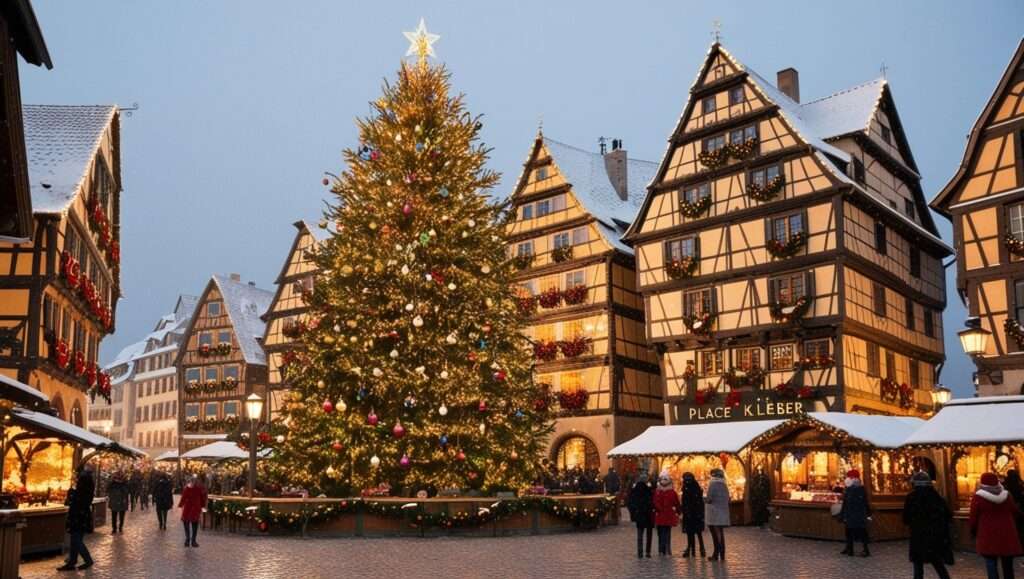 Place Kléber with the enormous Christmas tree and quaint half-timbered houses in the background, beautifully lit during the holiday season.