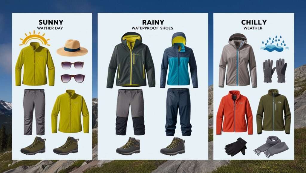 A split-screen image showing appropriate hiking outfits for different weather conditions: sunny (hat, sunglasses, light shirt), rainy (rain jacket, waterproof shoes), and chilly (fleece jacket, gloves).