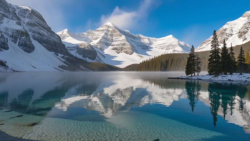 A serene alpine lake with perfectly still waters reflects the surrounding snow-capped mountain peaks like a mirror. The pristine lake surface creates a symmetrical reflection of the dramatic mountain landscape, while untouched snow blankets the surrounding peaks, creating a peaceful mountain wilderness scene.