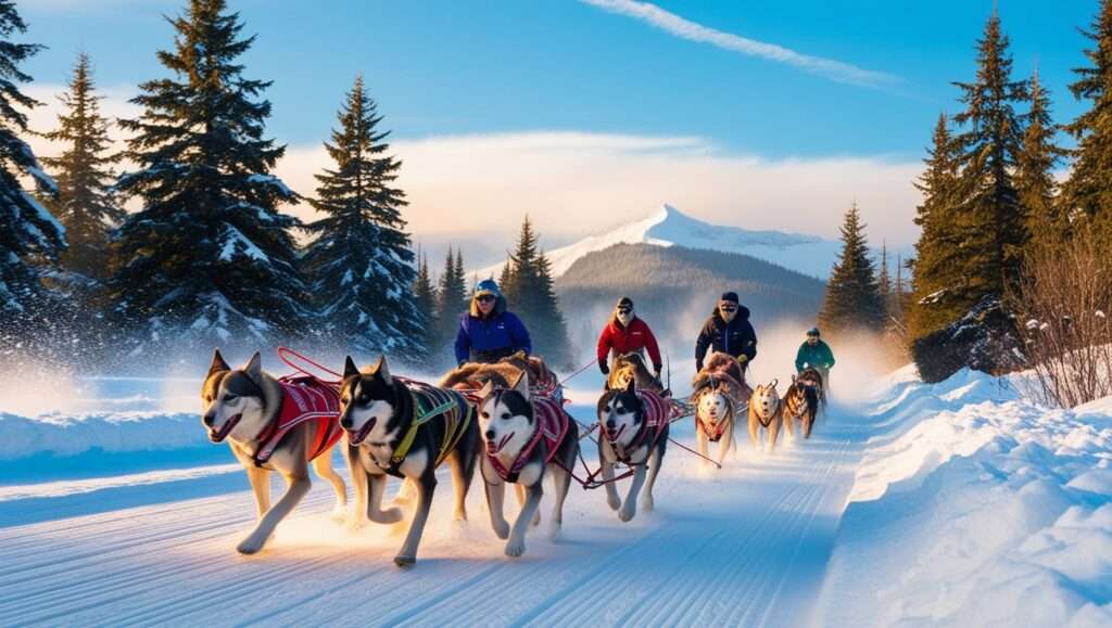 Husky dog sled teams in full stride racing along a snow-packed trail surrounded by evergreen trees in Anchorage, Alaska, with mushers standing on their sleds guiding their eager teams through the winter landscape.