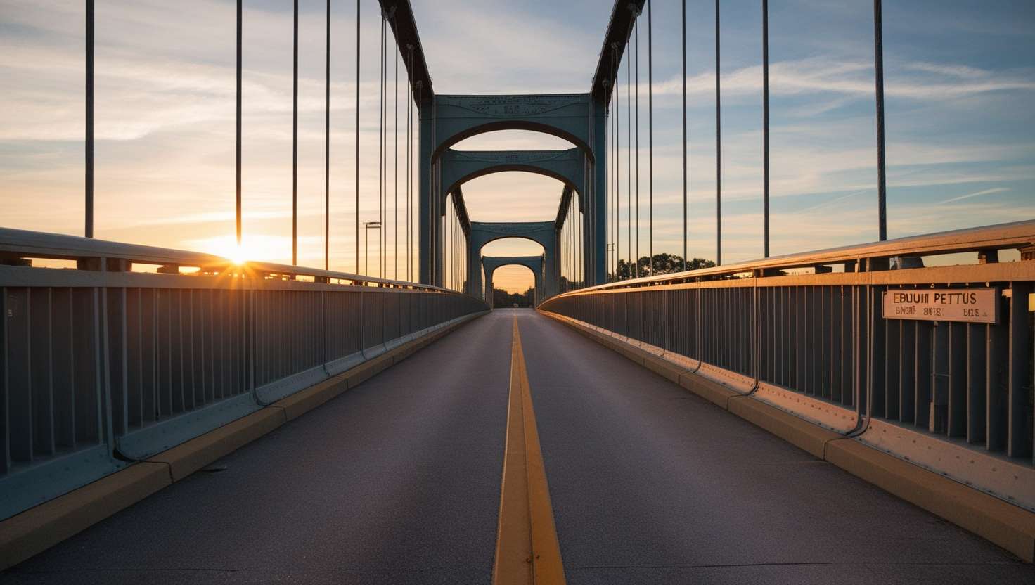 A wide-angle photograph of the Edmund Pettus Bridge in Selma, Alabama during sunset, capturing its historical significance and solemn beauty. This bridge is a universally recognized symbol of the civil rights movement and would immediately set the tone for the article.