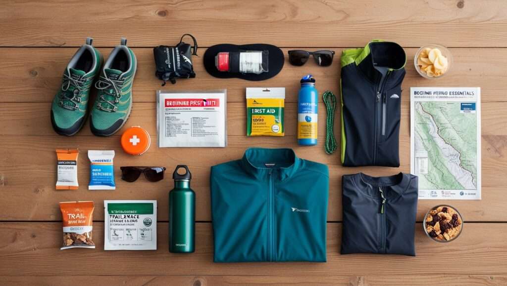 A flat lay of beginner hiking essentials on a wooden surface or outdoors. Items include hiking shoes, a water bottle, a small first aid kit, a layered outfit (moisture-wicking shirt, light jacket, windbreaker), sunscreen, a map, sunglasses, and trail snacks.