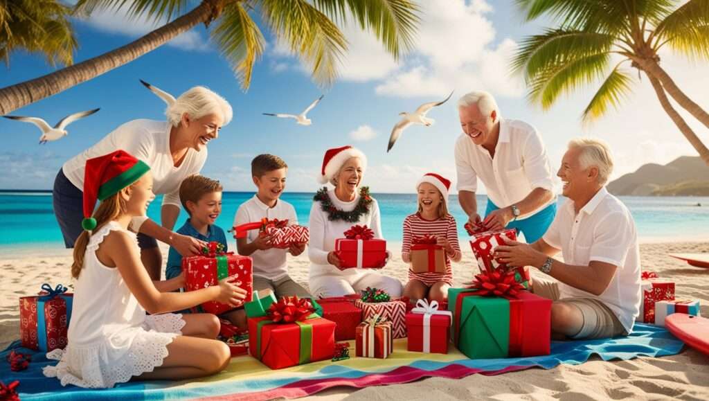 Family on the beach
A candid shot of a family or friends enjoying a Christmas gift exchange on the beach, illustrating the joy of celebrating the holiday in a tropical setting.