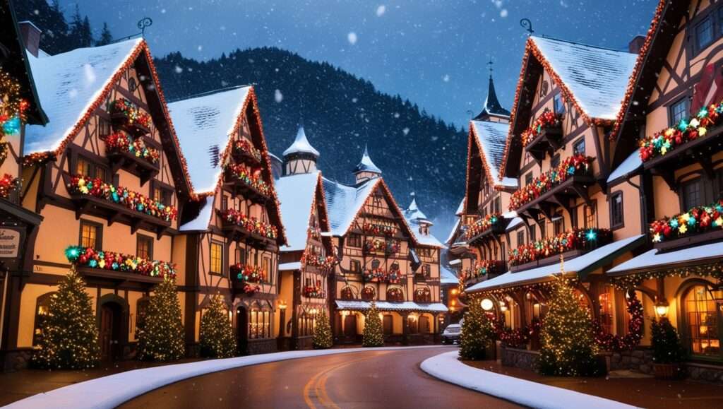 Charming Bavarian-style architecture illuminated by colorful Christmas lights in downtown Leavenworth, Washington, creating a magical alpine atmosphere with snow-dusted buildings and twinkling holiday decorations.