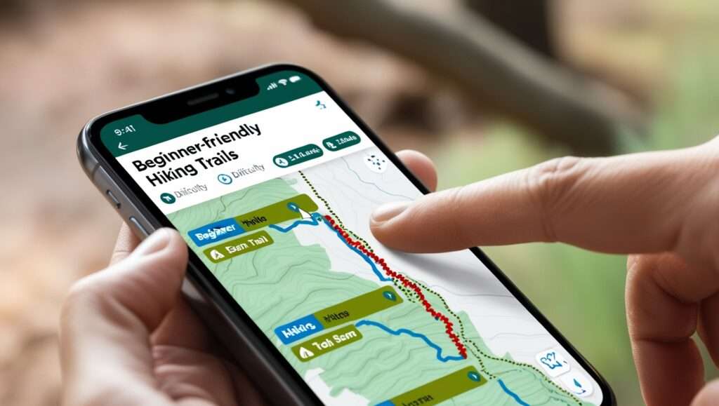 A digital map screen with highlighted beginner-friendly trails, labeled with names and difficulty levels. A finger or stylus pointing to a trail for added engagement.