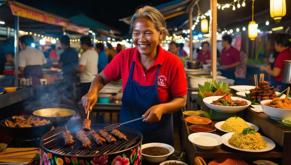 A street food vendor grilling satay in a lively night market, emphasizing affordable local dining. A traditional Balinese warung setup with delicious dishes like nasi goreng or mie goreng.