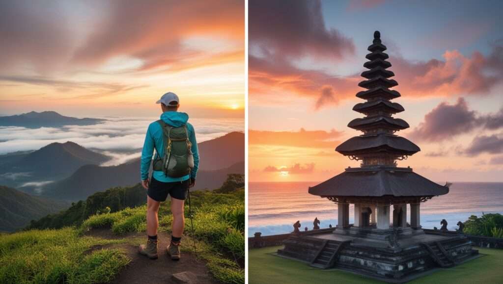 A hiker watching the sunrise from Mount Batur, highlighting an adventurous yet inexpensive activity. A Balinese temple like Tanah Lot or Uluwatu against a dramatic sunset.