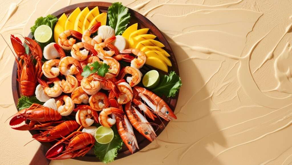 Grilled Seafood Feasts
A mouthwatering image of a grilled seafood platter with colorful tropical accompaniments.