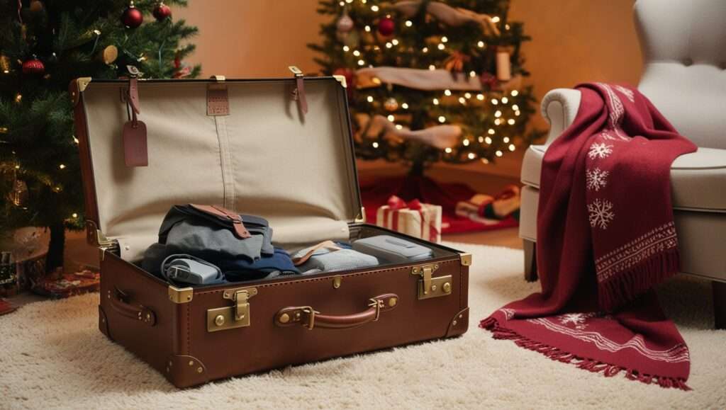 A sturdy, brown leather suitcase, adorned with sturdy brass clasps and worn travel tags, sits open on a plush, cream-colored carpet, its neatly arranged contents - a few crumpled clothes, a travel adapter, and a half-empty toiletry bag - giving a glimpse into the traveler's hurried packing routine, beside a festive Christmas tree with warmly lit fairy lights, its branches bowed under the weight of ornaments, presents, and a delicate, snowflake-patterned tree skirt, in a cozy, warmly lit home, where the scent of freshly baked cookies wafts through the air, and a comfortable, oversized armchair, draped with a soft, crimson throw blanket, beckons the weary traveler to rest and unwind.