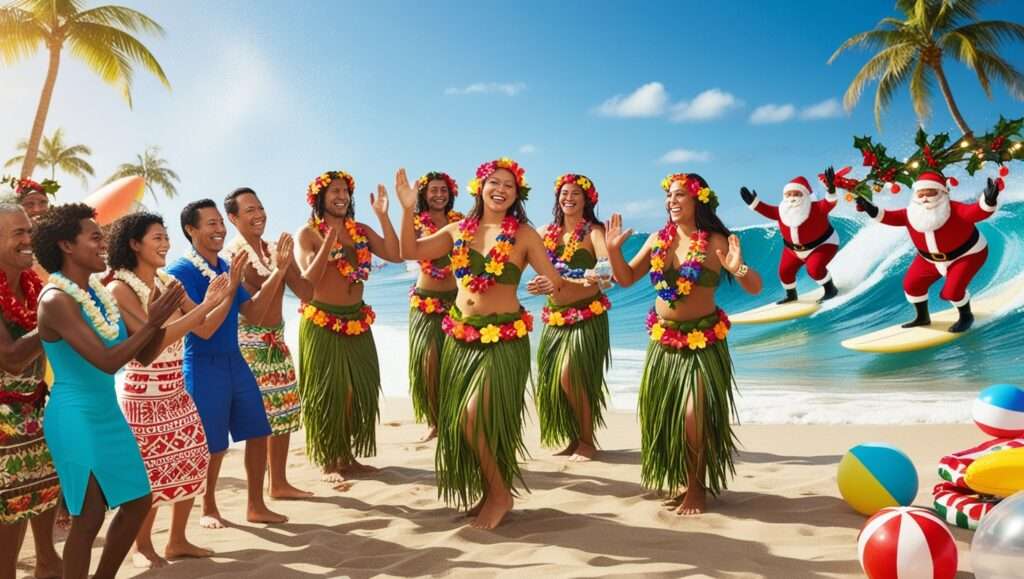 Hawaiian Christmas Celebrations
Hawaii Surfing Santas and Luau Feasts
A festive photo of locals celebrating with hula dancers and surfing Santas.