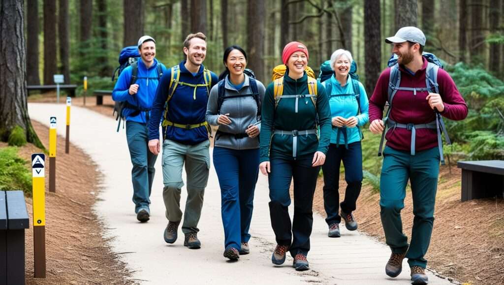  A group of beginner hikers on a wide, easy trail surrounded by nature, chatting and smiling. Include visible trail markers and rest areas nearby to create a welcoming atmosphere.