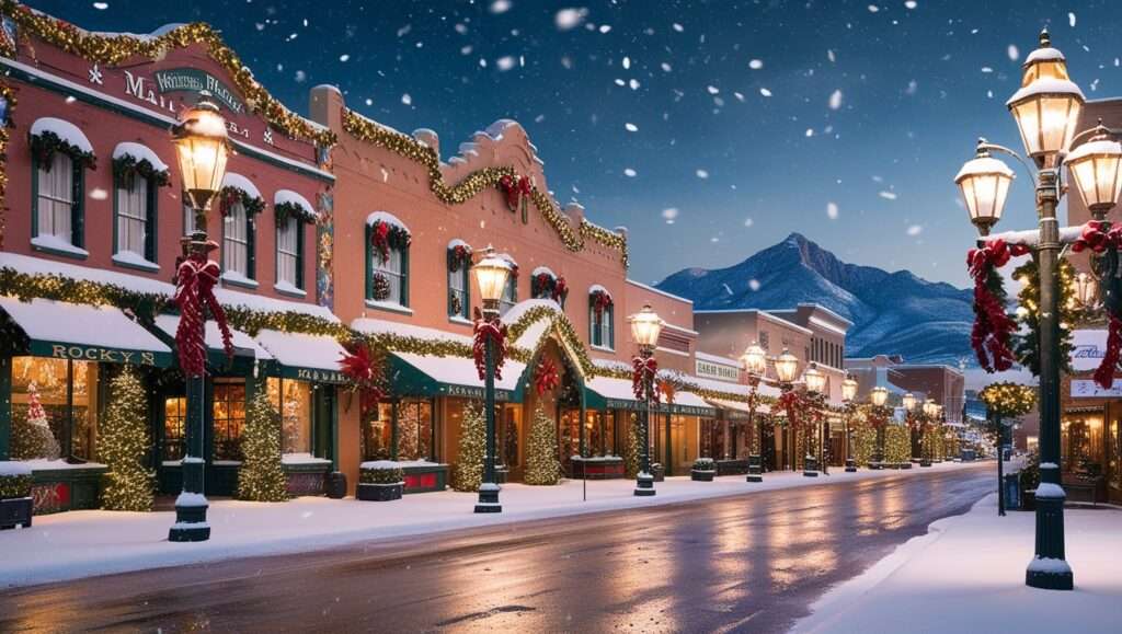 A charming winter evening scene of a historic Main Street adorned with festive holiday lights. Victorian-era buildings line the snow-dusted street, their facades illuminated by warm white lights and twinkling holiday decorations. Wreaths and garlands span between vintage lampposts, while shop windows glow invitingly beneath a gentle snowfall, creating a classic small-town winter wonderland atmosphere.