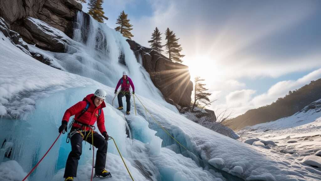 Two ice climbers in bright winter gear ascending a massive blue-white frozen waterfall. They're using ice axes and crampons, secured by ropes, against the crystalline ice face of Cathedral Ledge in Mount Washington Valley, New Hampshire. The surrounding winter forest and granite cliffs are dusted with snow.