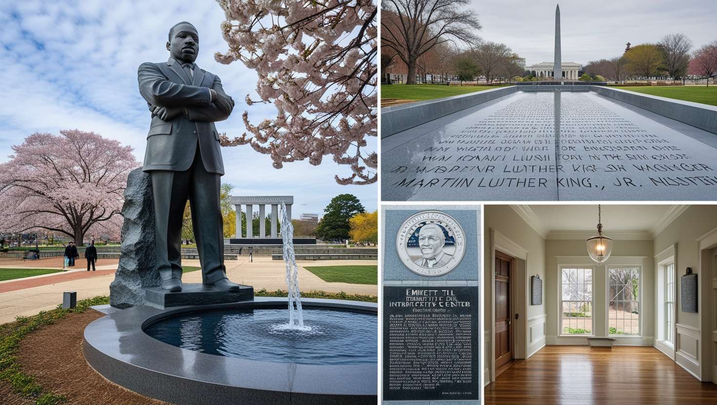 Wide-angle view of the Martin Luther King, Jr. Memorial's "Stone of Hope" statue surrounded by blooming cherry blossoms on a clear day. Close-up of the inscription wall at the Martin Luther King, Jr. Memorial, featuring powerful quotes from Dr. King about justice, peace, and equality. Dramatic view of the National Memorial for Peace and Justice’s 805 hanging steel rectangles, each engraved with the names of lynching victims, evoking a somber reflection. Panoramic shot of the National Memorial for Peace and Justice, showcasing sculptures and the expansive memorial square dedicated to racial justice. Close-up of the Civil Rights Memorial’s black granite circular table, with water flowing over the names and key events of the civil rights movement. Full-frame image of the Civil Rights Memorial, highlighting the engraved quote from Dr. King on the wall behind the water-covered table. Restored historical marker near the Tallahatchie River, juxtaposed with an older, vandalized version, illustrating the ongoing struggle for preserving history. Interior view of the Emmett Till Interpretive Center, featuring exhibits and educational panels telling the story of Emmett Till and his legacy. Exterior view of the Medgar Evers Home, a modest structure that stands as a powerful symbol of his life and sacrifice in the civil rights movement. Interior shot of the Medgar Evers Home, showing preserved rooms that offer a glimpse into the personal life and legacy of Medgar Evers and his family. #Civil Rights Movement #Civil Rights Landmarks #U.S. History #Racial Equality #Social Justice #Civil Rights Monuments #Historical Sites in the USA #Civil Rights Memorials