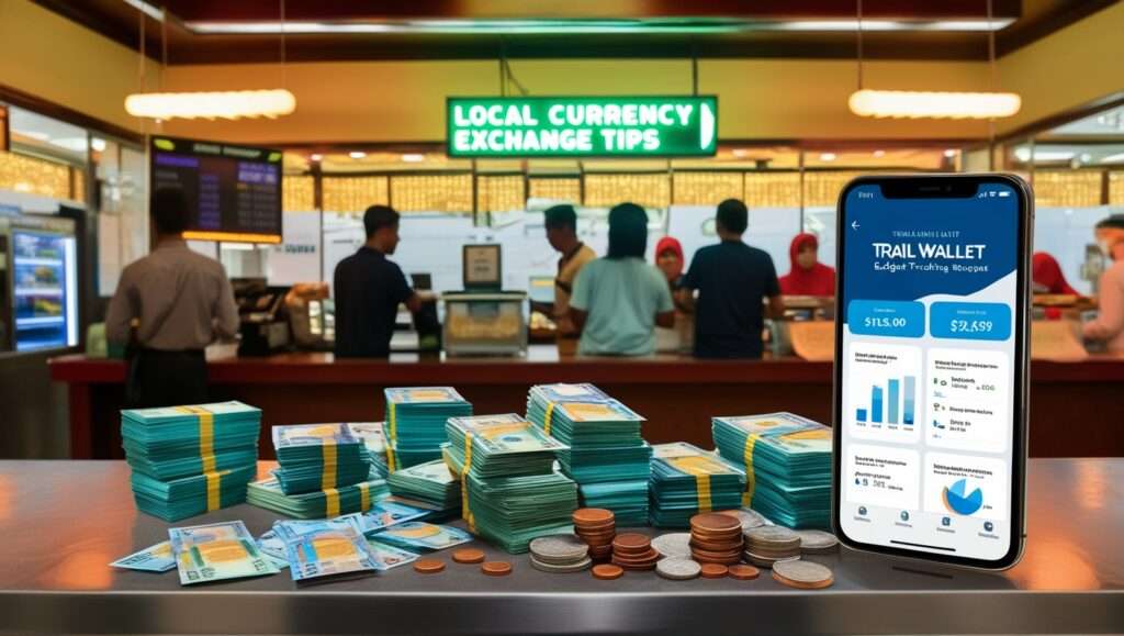 A local currency exchange counter with Indonesian rupiah visible to highlight cost-saving tips. A screenshot of a budget-tracking app interface like Trail Wallet.