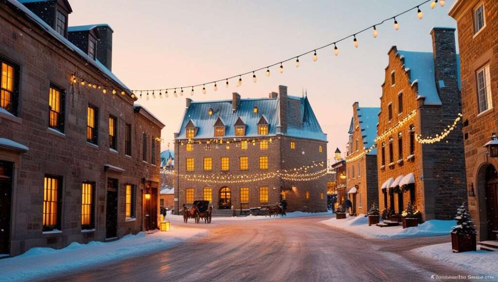 A wintry scene of Old Quebec under a blanket of snow, with festive lights strung across the historic streets. Quebec city, Canada