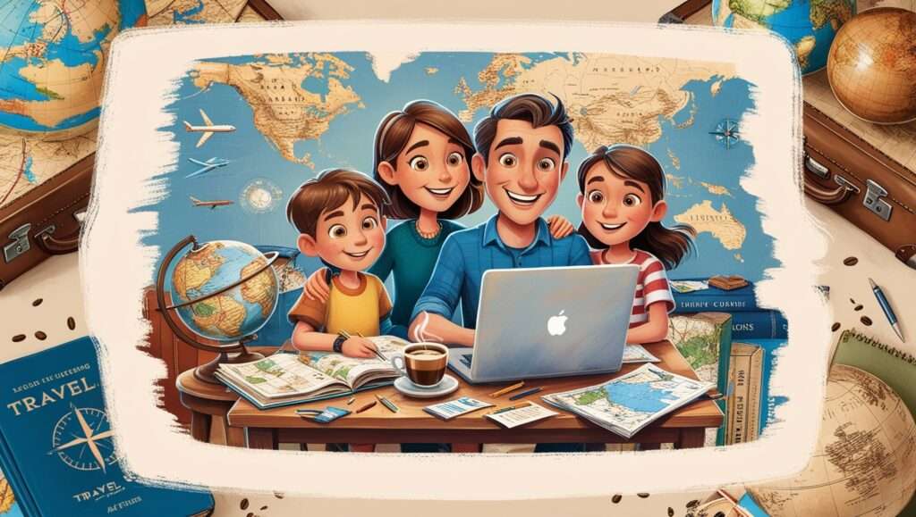 Illustration of a family of four—parents and two children aged 10 and 14—gathered around a wooden desk, planning a trip. They sit in a cozy room filled with travel inspiration: open maps, globes, travel guides, and a laptop. Scattered papers, pens, and a steaming coffee cup surround them. Vintage suitcases and airplane silhouettes subtly decorate the background. The image is rendered in a nostalgic color palette of muted blues, earthy tones, and creamy whites, with bold lines and textured brushstrokes capturing the family's bright, curious expressions and the excitement of travel planning