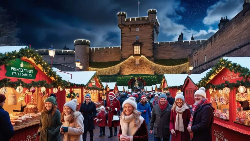  Princes Street Gardens Christmas Market, with the Edinburgh Castle lit up in the background, creating a magical blend of history and holiday cheer. Edinburgh, Scotland