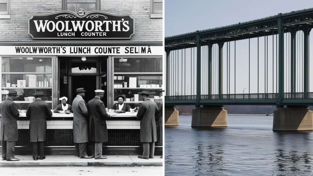 Archival or present-day images of the Woolworth’s lunch counter in Greensboro, North Carolina, where the sit-in movement began.
A historical photo juxtaposed with a modern-day image of Selma’s Edmund Pettus Bridge, showing its timeless relevance.