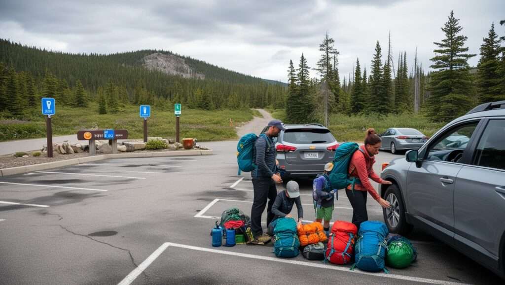 A scenic parking lot near a trailhead, with clear signs for bathrooms, water stations, and the trail entrance. A family is preparing for their hike near their car.