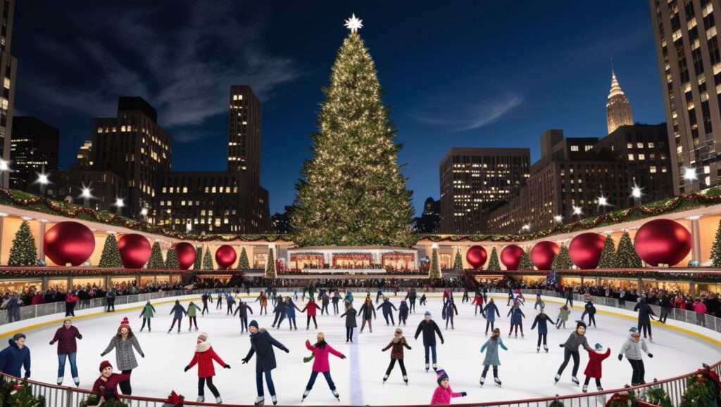 Rockefeller Center Christmas Tree, with ice skaters and holiday lights creating a magical winter scene. New York, USA