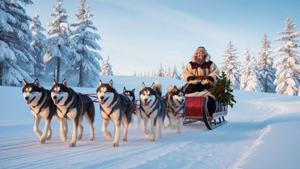 a dog sledding expedition through the snowy Lapland wilderness, capturing the essence of an Arctic Christmas adventure. Rovaniemi, Findland