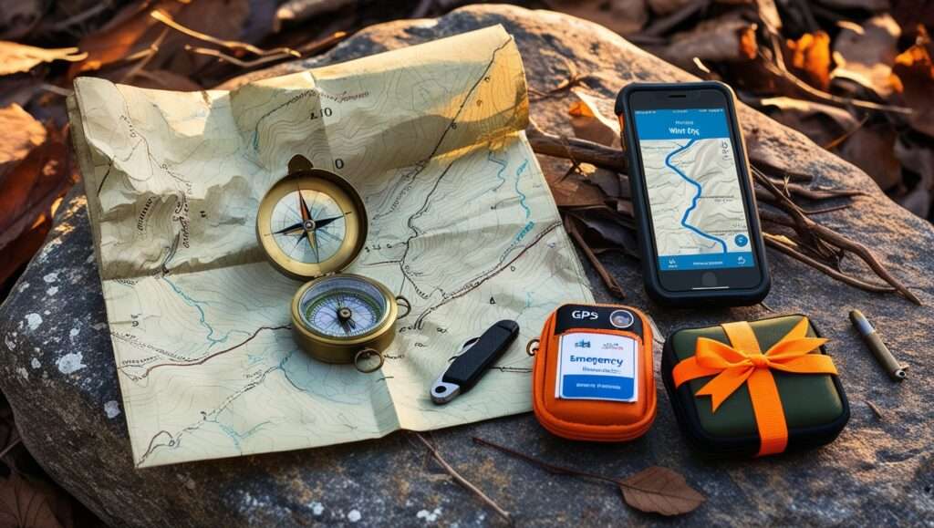 A map spread out on a rock, with a compass and a smartphone showing a hiking app. Include a small emergency kit nearby to suggest preparedness.