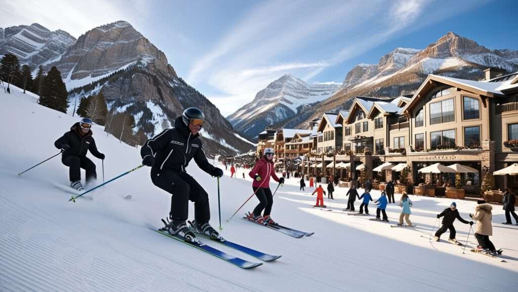 Snow-covered ski slopes stretch across a mountain range, where skiers gracefully navigate down groomed runs surrounded by powdery snow. Distant peaks create a dramatic backdrop against a clear winter sky. Aspen's charming downtown street features upscale storefronts with rustic mountain architecture. Boutique windows display luxury merchandise, while inviting restaurants with wooden facades and warm lighting create an elegant yet cozy mountain town atmosphere.