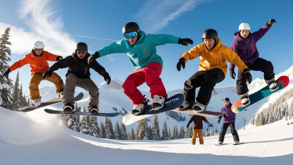 Snowboarders soar through crisp mountain air at Mammoth Mountain's terrain park. One rider executes a stylish aerial grab while another carves the landing. The snow-covered peaks and vast Sierra Nevada range provide a dramatic backdrop against a bright blue California sky.