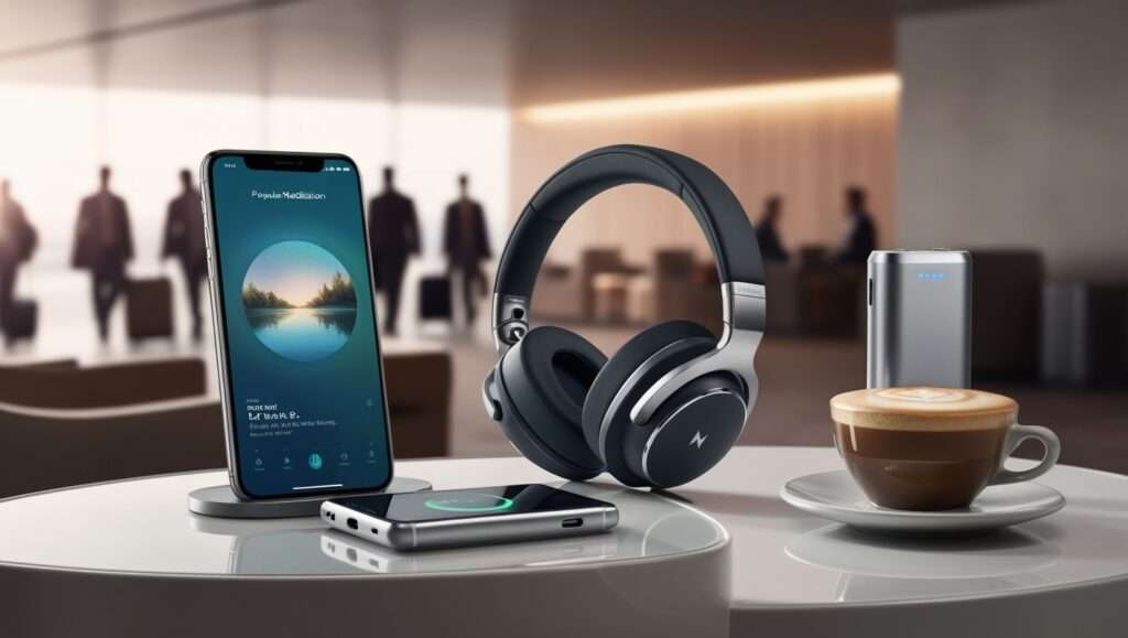 A pair of sleek, black, over-ear headphones with metallic accents, neatly placed on a sleek, wooden or glass table, surrounded by a subtle, calming ambiance, next to a modern, high-tech smartphone with a popular meditation app open on its bright, high-resolution screen, displaying a serene, nature-inspired background image. Adjacent to the phone, a compact, silver portable charger with a subtle LED indicator light, positioned beside a ceramic coffee cup with a rich, dark brown liquid and a thin layer of creamy foam, in a contemporary, minimalist-designed airport lounge with a blurred background of bustling travelers and soft, warm lighting.