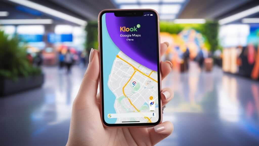 A smartphone showing Klook or Google Maps offline mode, suggesting tech-savvy travel tips.
