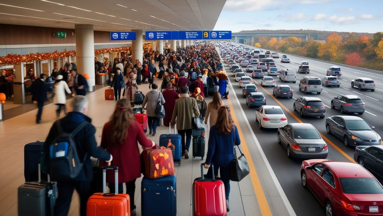 Busy airport terminal filled with travelers carrying luggage during Thanksgiving weekend, with holiday decorations visible in the background, showcasing the high volume of passengers and crowded travel scene.