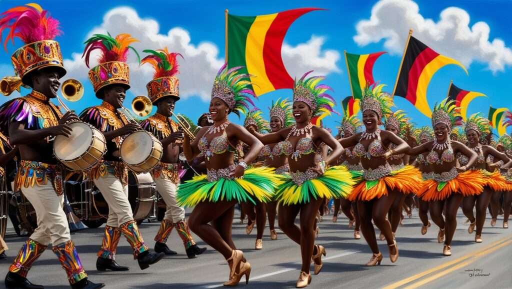 The Caribbean Islands: Carnival-Style Christmas Celebrations
A vibrant image of a Junkanoo parade with colorful costumes, musicians, and dancers.