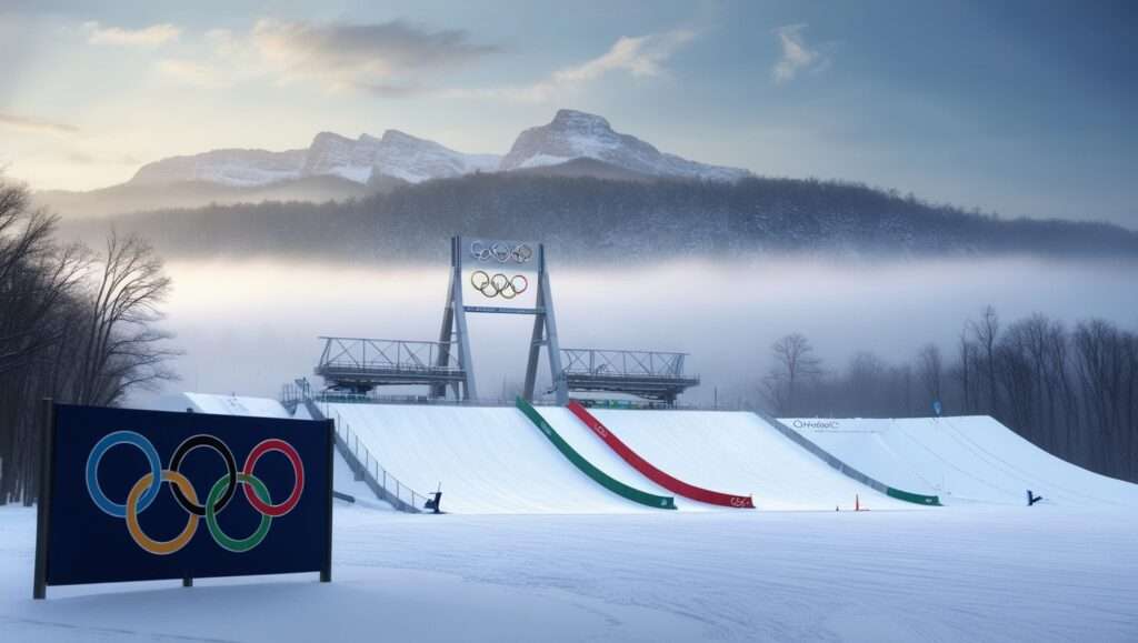 A towering Olympic ski jump structure rises against the Adirondack mountain backdrop in Lake Placid, New York, featuring its distinctive curved ramp and observation deck that stands as an iconic symbol of winter sports history.