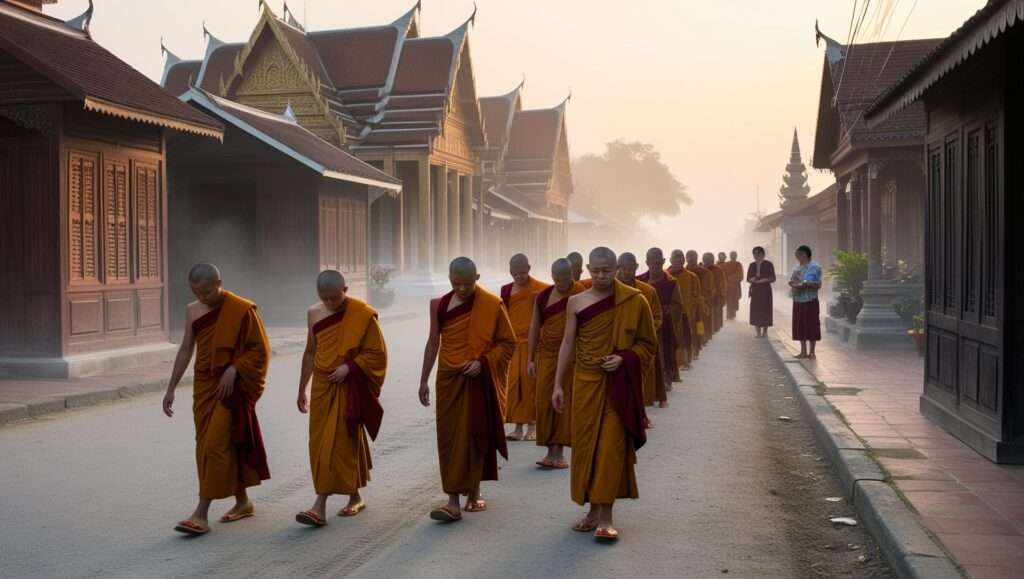 The quiet streets of Luang Prabang, with monks walking in traditional robes, representing calm and spirituality.