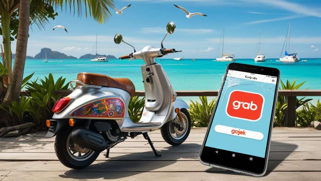 A scooter with a scenic coastal backdrop, representing the economical and flexible transportation option. A Grab or Gojek ride interface on a phone screen to visually suggest using ride-sharing