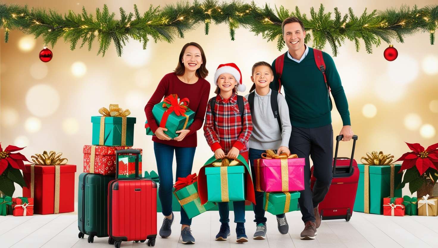 A festive holiday scene featuring either a smiling family of four—two parents and two children aged 8 and 10 with rosy cheeks—or a solo traveler in their mid-30s, standing with colorful wrapped gifts and luggage. They are positioned in front of a Christmas-themed background with twinkling fairy lights, evergreen garlands, and ornaments in emerald, crimson, and gold, with poinsettia plants adding vibrant color. The warm, soft-focus background radiates joy and excitement, capturing the anticipation of holiday travel.