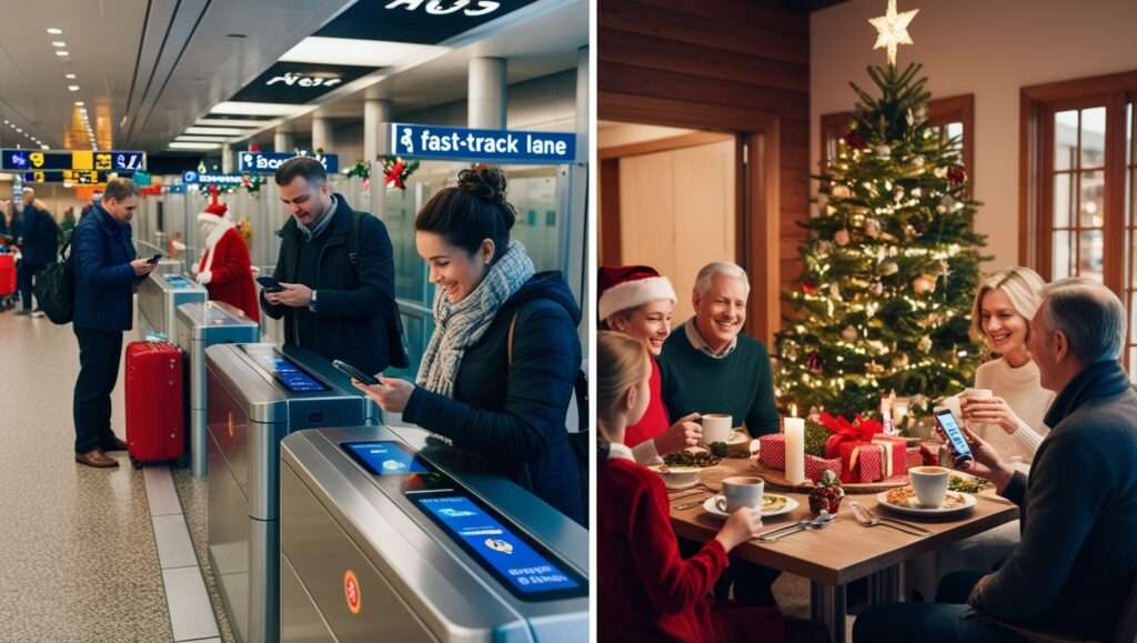 At the Airport or Train Station Travelers using their phones to check-in or view boarding passes. A security fast-track lane with festive lights or decorations. Celebrating with Family A family gathering for Christmas dinner, exchanging gifts by the Christmas tree. Candid moments of siblings or parents chatting over coffee.