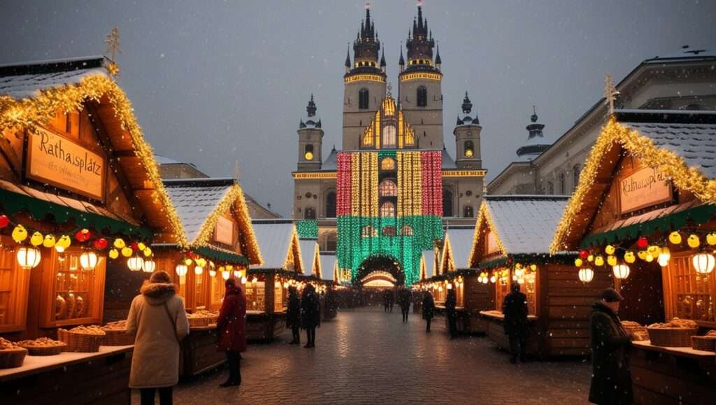  Vienna’s Rathausplatz Christmas Market at night, with snow-covered stalls and festive lights illuminating the grand Rathaus (City Hall). Nienna, Austria