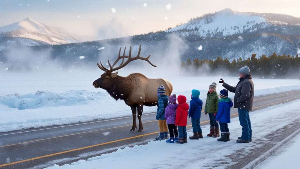 A scenic winter wildlife viewing tour in Big Sky, Montana, showing snow-covered terrain near Yellowstone, where visitors observe native animals like elk, bison, or wolves in their natural snowy habitat against a backdrop of dramatic mountain peaks.