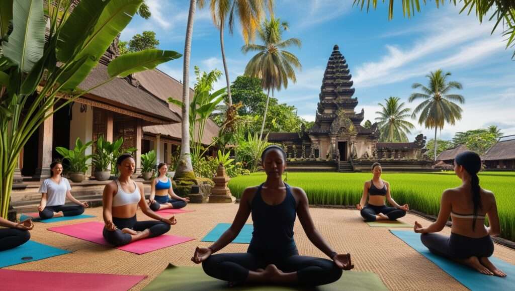 a Balinese temple surrounded by lush greenery, with people meditating or practicing yoga.