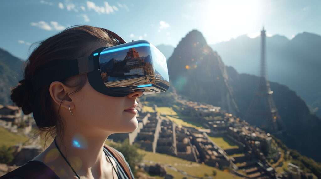 How Technology Is Transforming Travel a person wearing a VR headset exploring iconic world landmarks like the Eiffel Tower, Machu Picchu, and the Grand Canyon in vivid 3D detail.